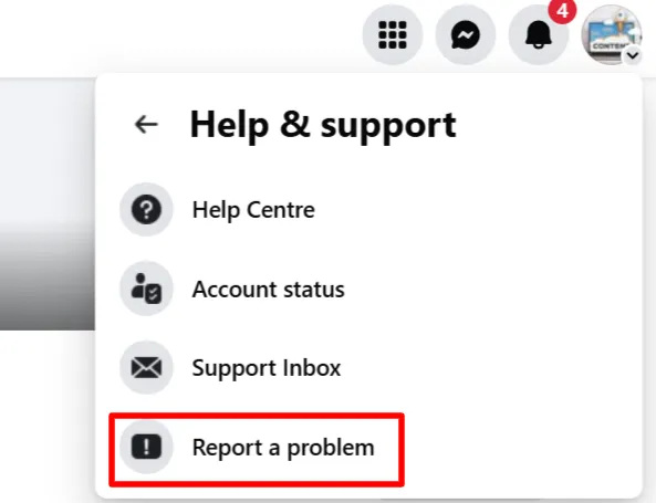 Facebook Help and support menu open to Report a problem for a missing Share button.