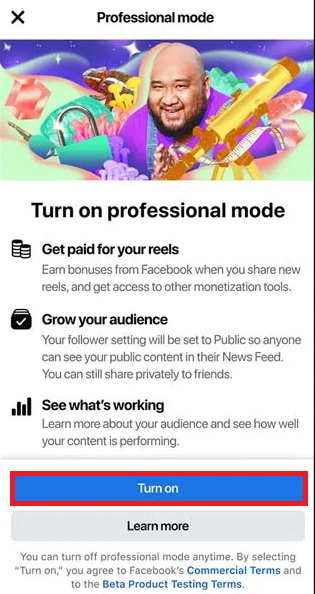Facebook profile cover photo menu showing the Turn on professional mode option before checking monetization.