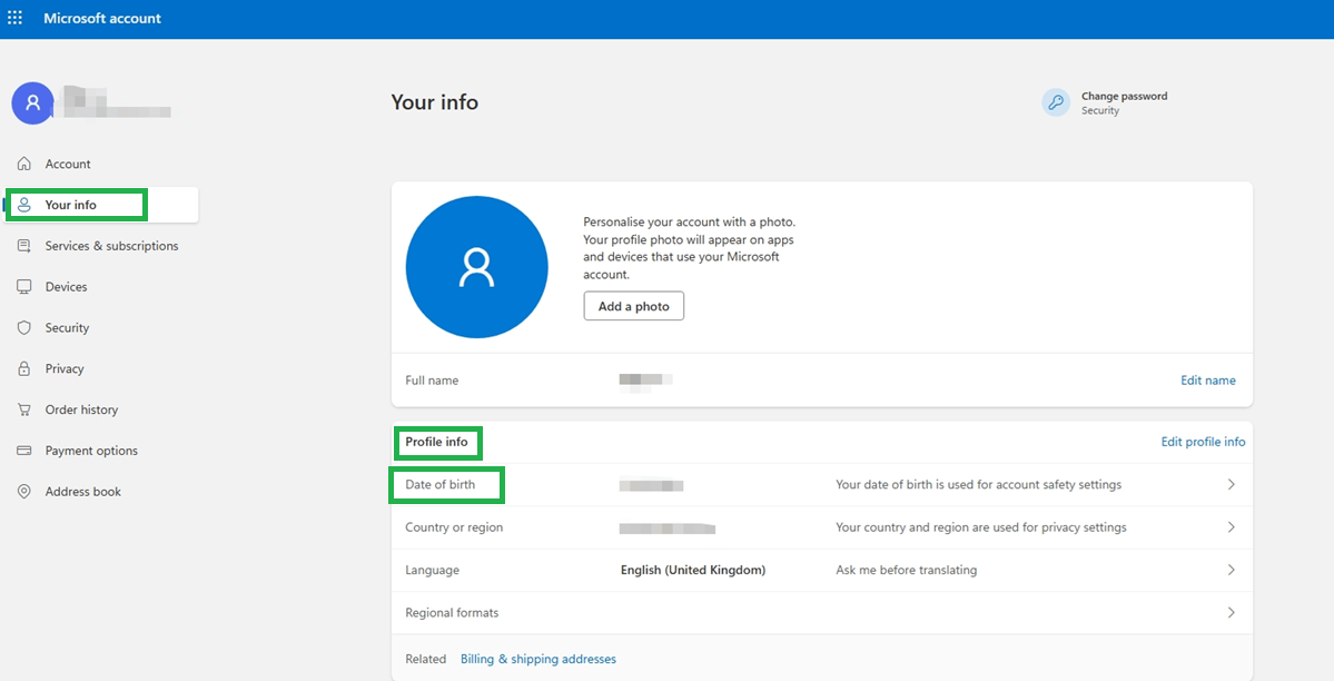Microsoft account profile page being checked for the birth date used by Xbox safety settings.