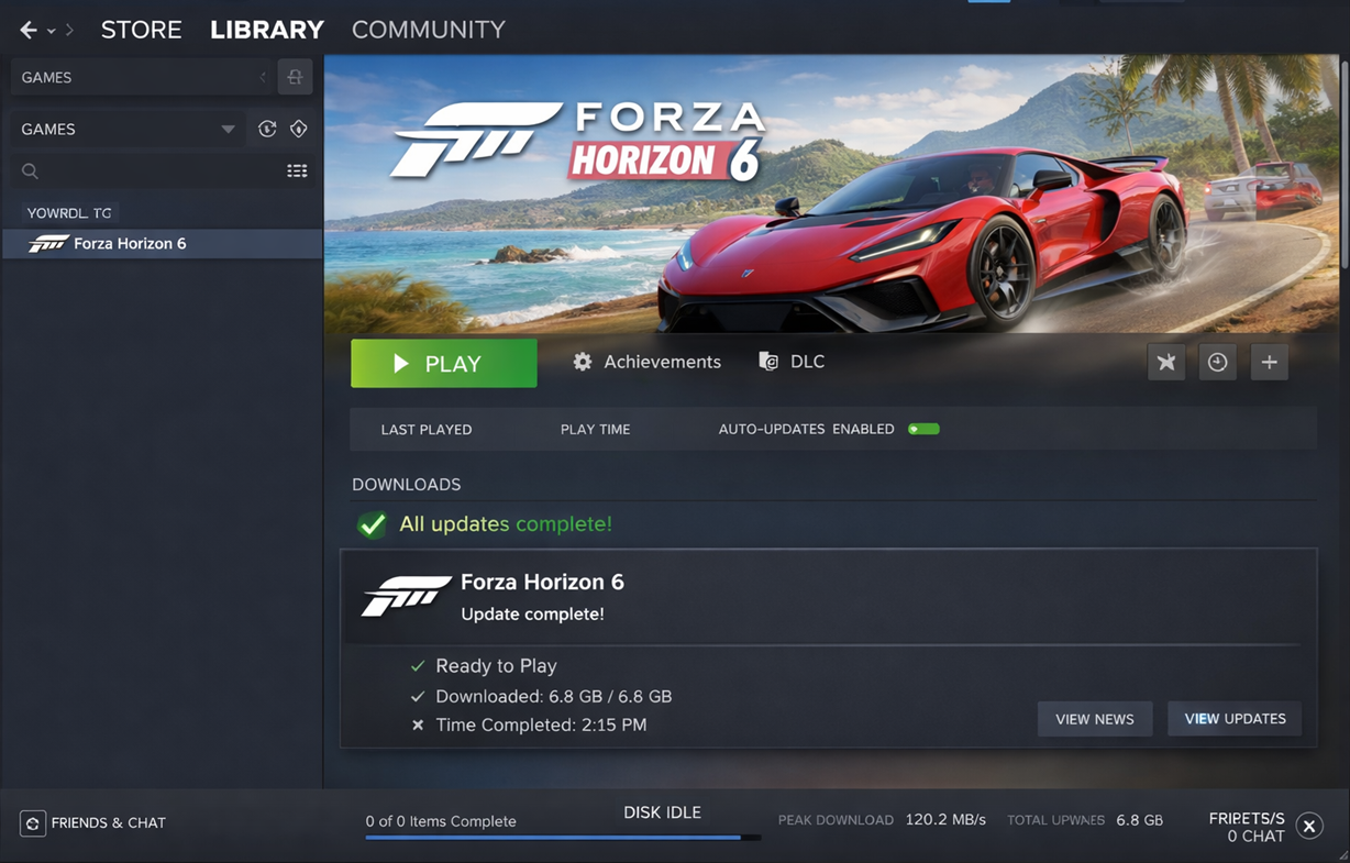 Forza Horizon 6 release notes showing the latest hotfix build numbers for Steam and Windows PC.