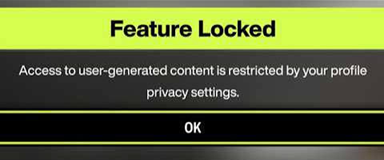 Forza Horizon 6 showing a Feature Locked message that says access to user-generated content is restricted by profile.