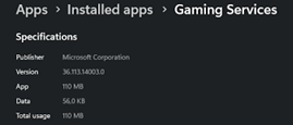 Windows Installed apps showing the Gaming Services version number required by Forza Horizon 6 on PC.
