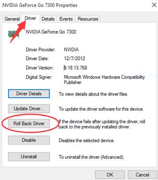NVIDIA AMD or Intel GPU driver update and rollback options being checked for a Forza Horizon 6 startup crash.