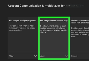Xbox online safety settings showing multiplayer games and cross-network play set to Allow.