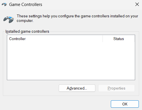 Windows Run dialog opening joy.cpl to test whether the controller is detected before launching Forza Horizon 6.