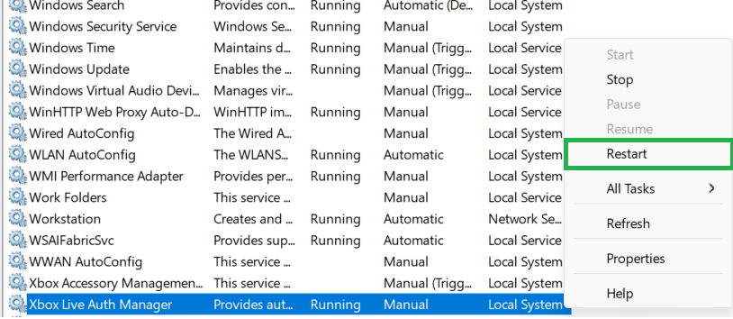 Windows Services restarting Xbox Live Network Service Xbox Live Game Save and Xbox Live Auth Manager.