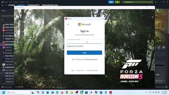 Forza Horizon 6 on Steam showing the Start Game screen option to sign out and relink an Xbox account.