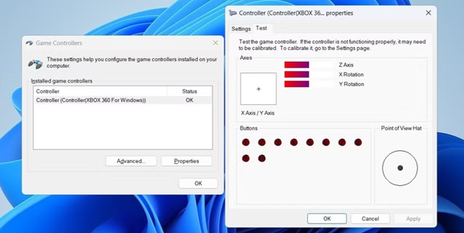 Windows Game Controllers Properties test page showing controller inputs being checked before troubleshooting Forza Horizon 6.