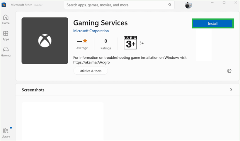 Microsoft Store Downloads page updating Gaming Services for Forza Horizon 6 on PC.