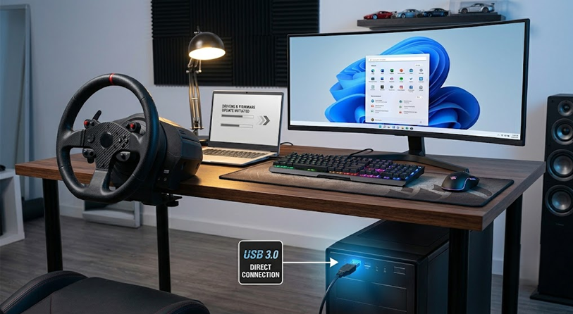 Racing wheel firmware being updated and the wheelbase connected directly to a PC USB 3.0 port for Forza Horizon 6.