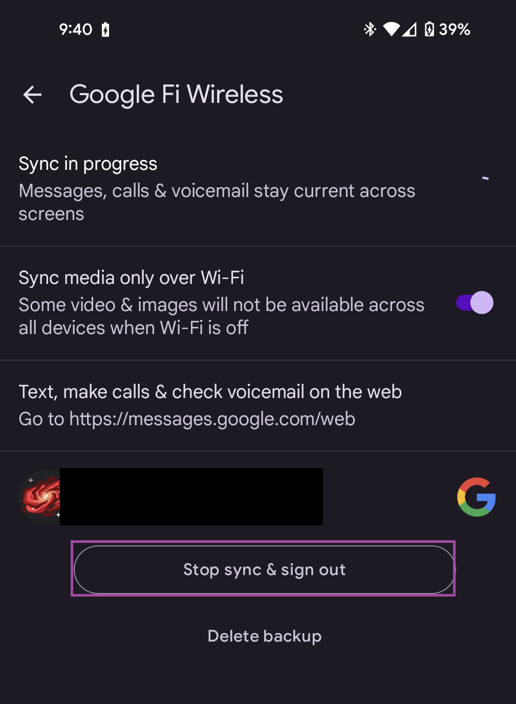 Google Messages Advanced settings showing Google Fi settings and Stop sync and sign out while fixing RCS.