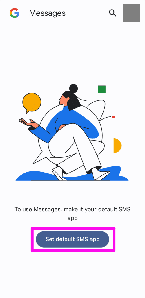 Android default apps screen showing Google Messages selected as the default SMS app.