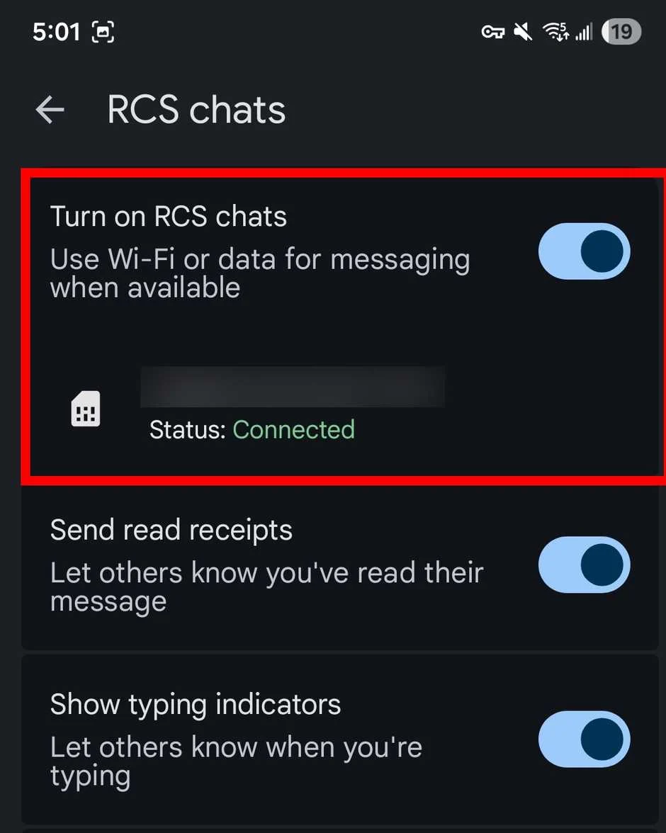 Google Messages on Android showing RCS chats not connected or not working correctly.