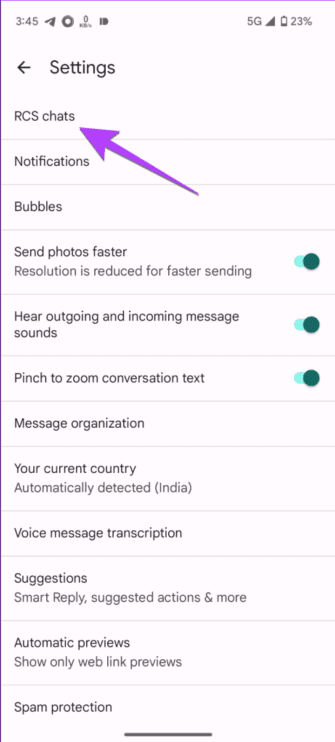 Google Messages RCS chats settings screen showing the current connection or support status on Android.