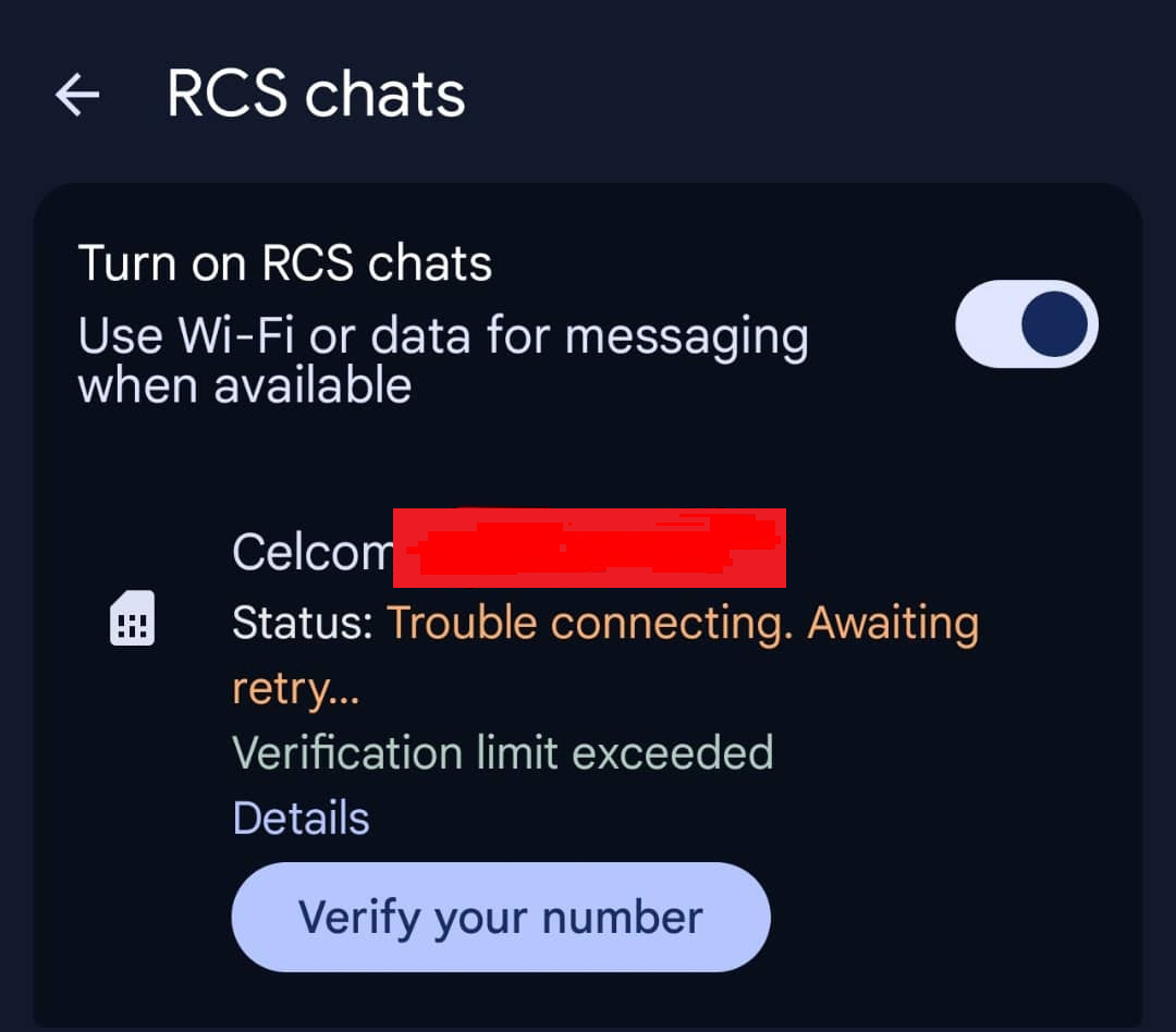 Google Messages RCS details screen showing the Submit feedback option after a verification problem persists.
