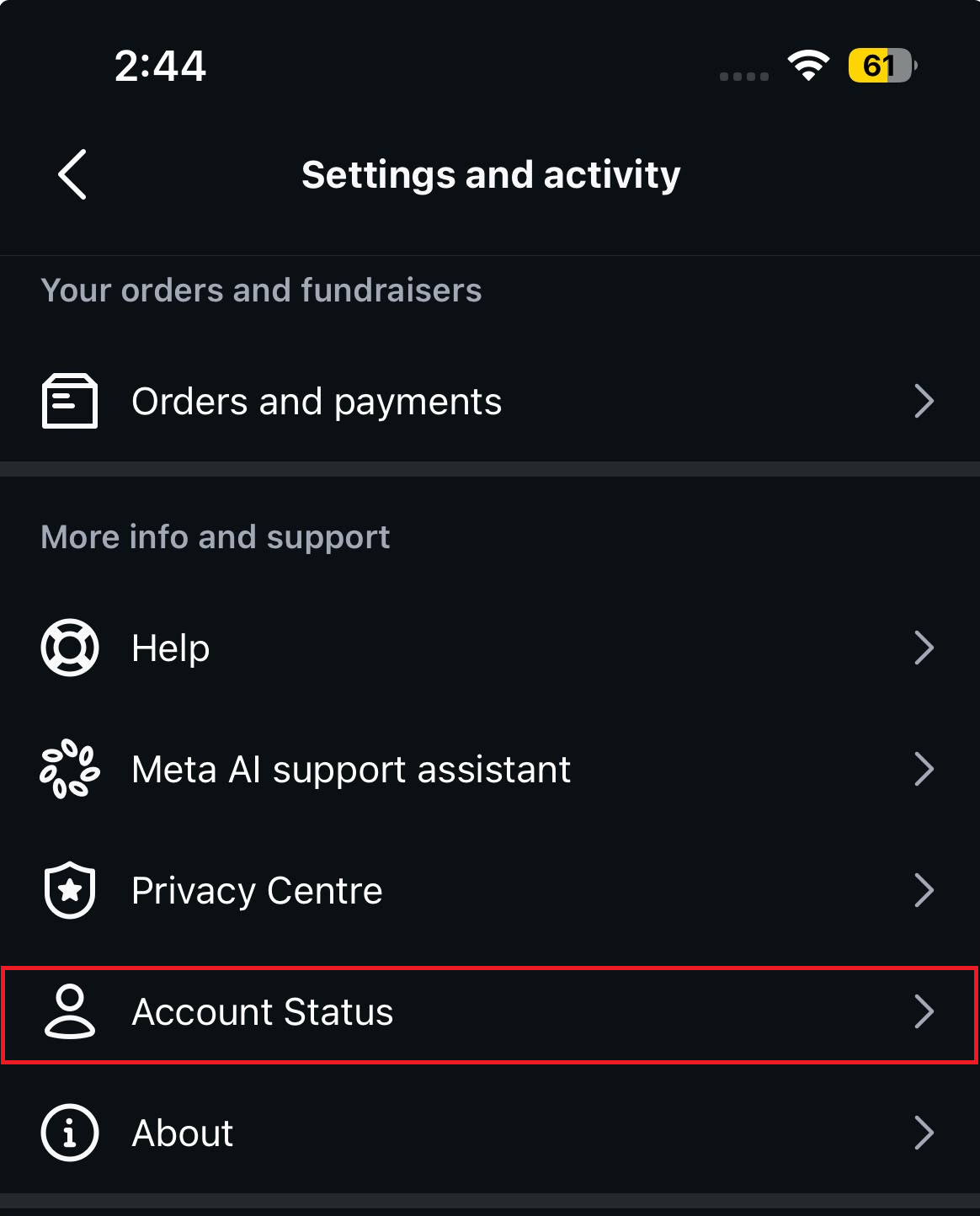 Instagram Account Status screen being checked for feature restrictions that could affect profile editing.