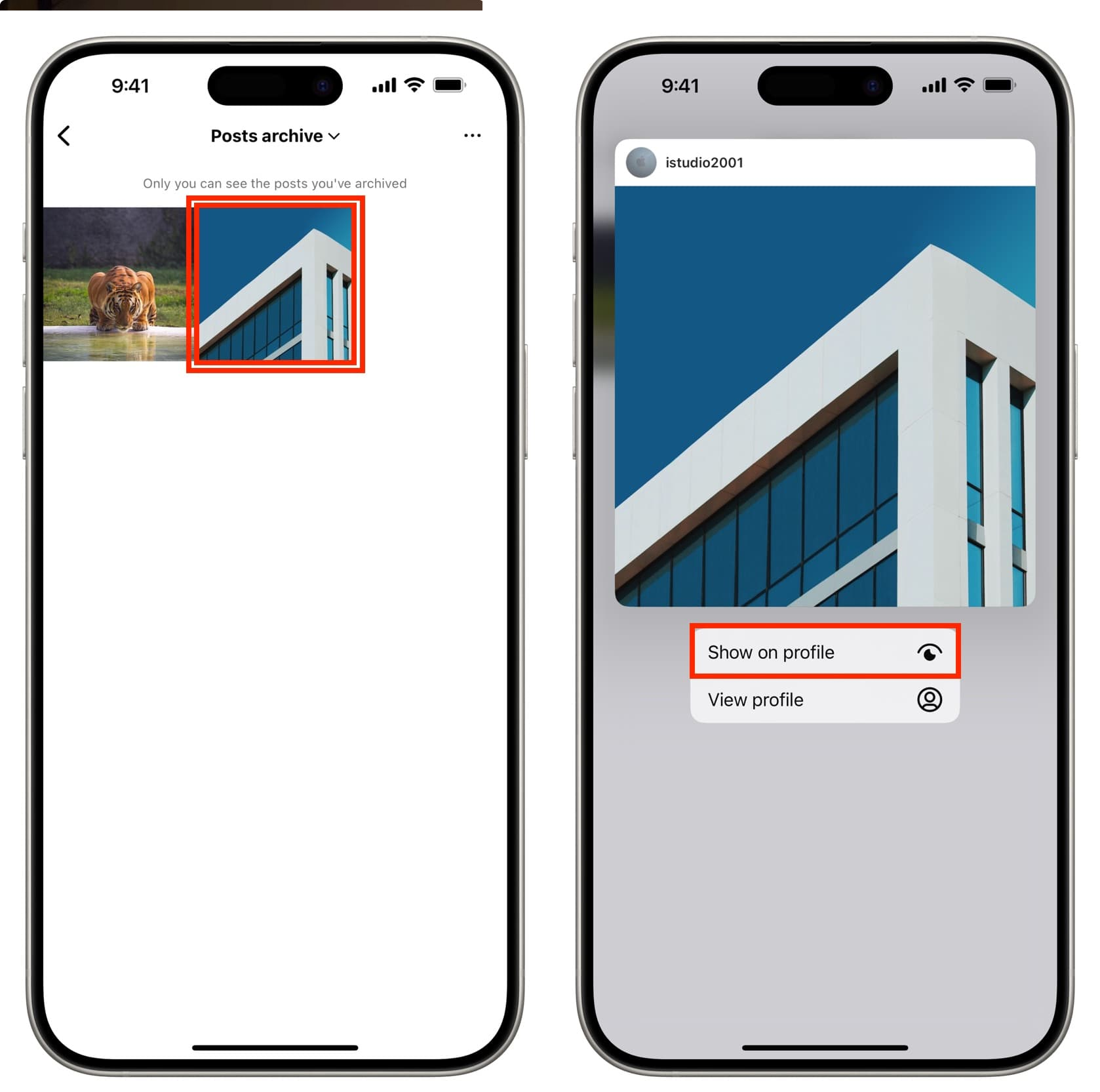 Instagram archived post showing Show on profile or Restore instead of the Archive action.