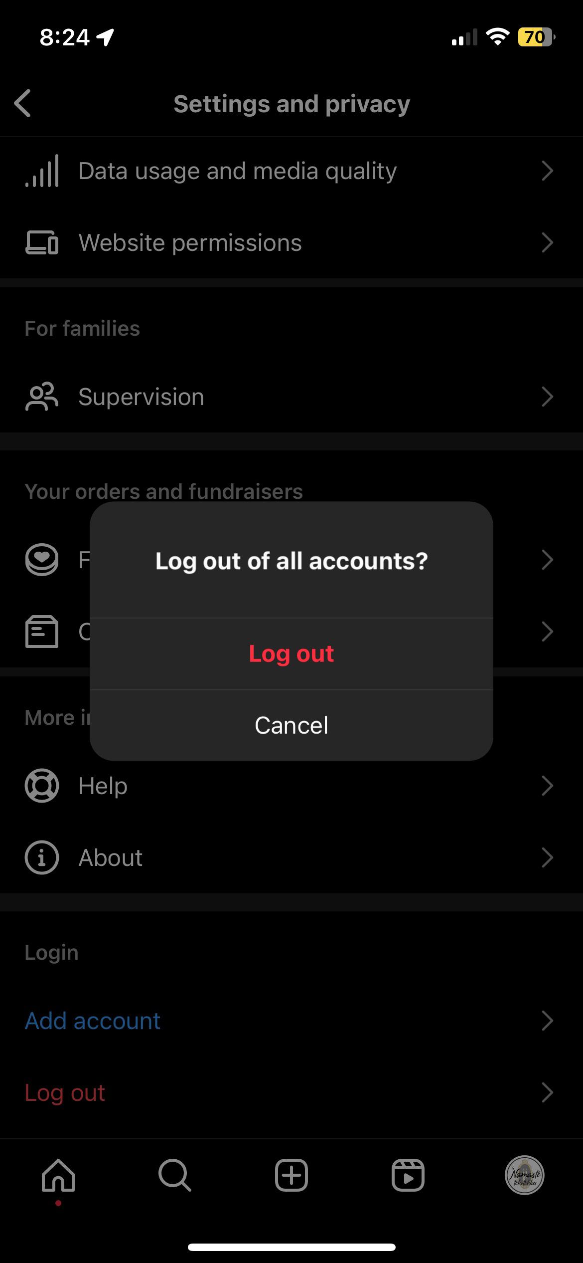 Instagram account logging out and back in to refresh a missing or blank Archive screen.