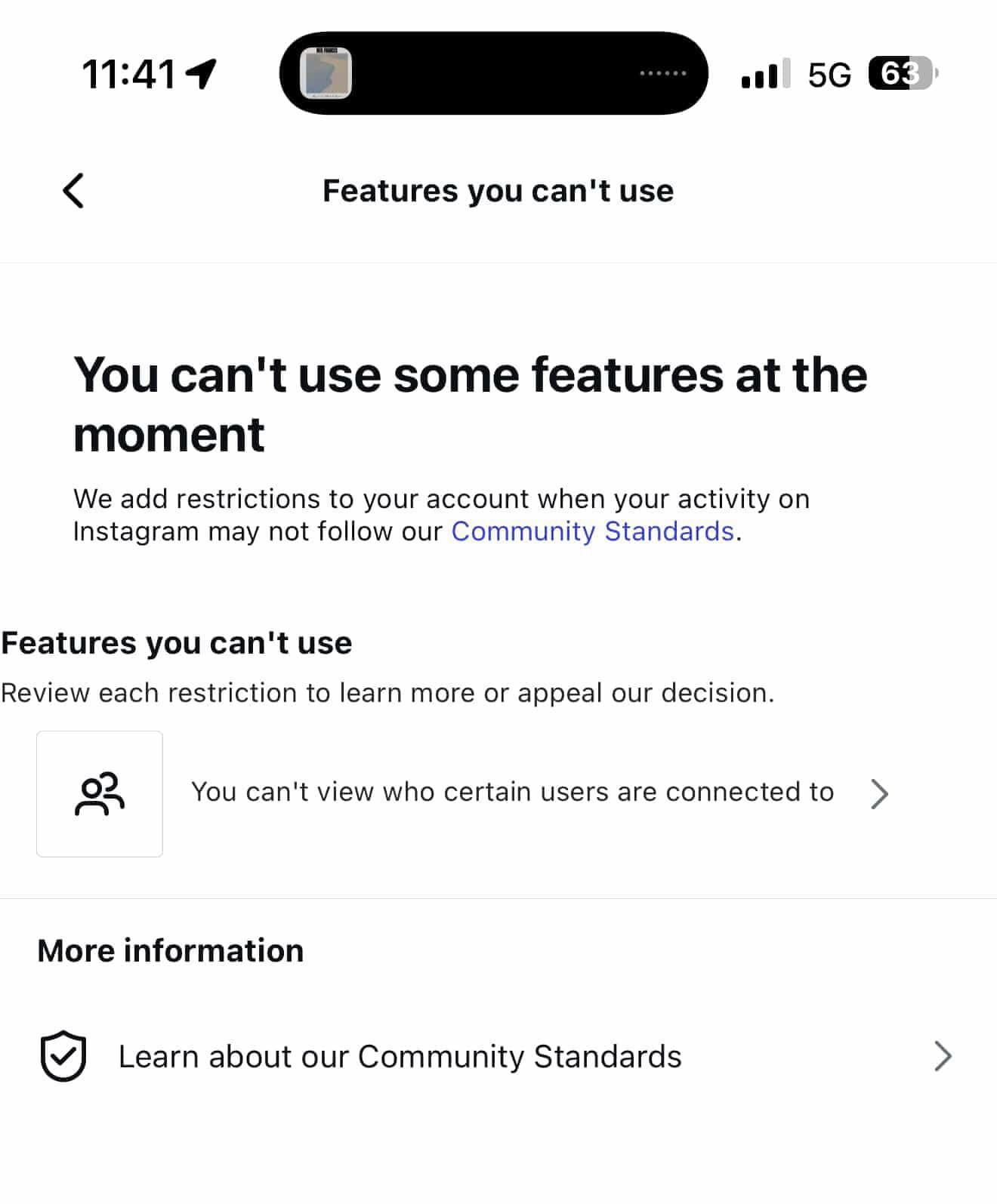 Instagram Account Status and reporting screens used to check restrictions and report a missing Trial Reels toggle.