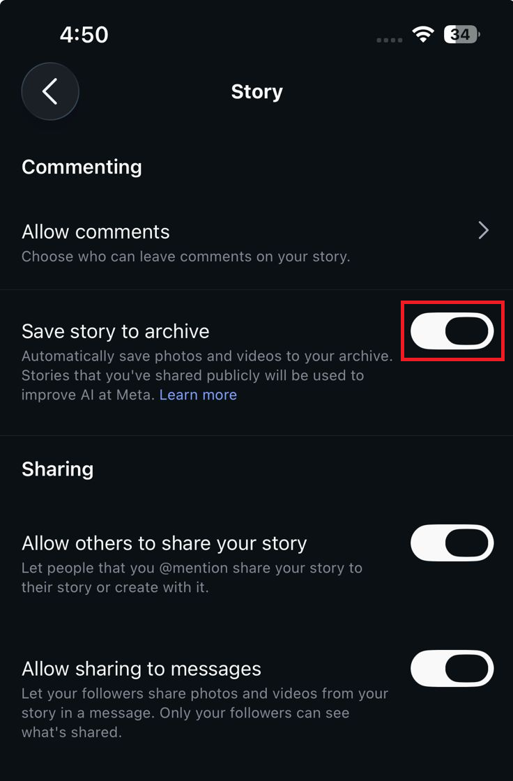 Instagram settings showing the Save story to archive toggle enabled.