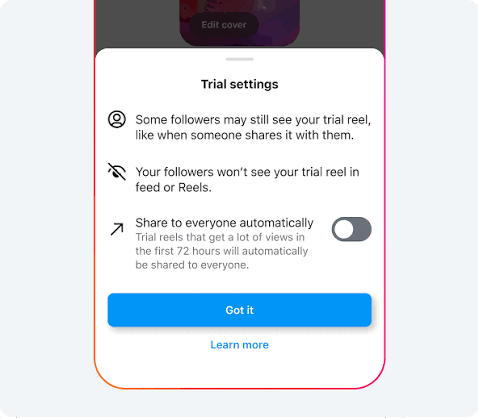 Instagram Reel publishing flow where the Trial toggle is missing from the final share screen.