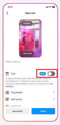 An existing Instagram Reel and profile screen where the pre-publish Trial toggle is not available.