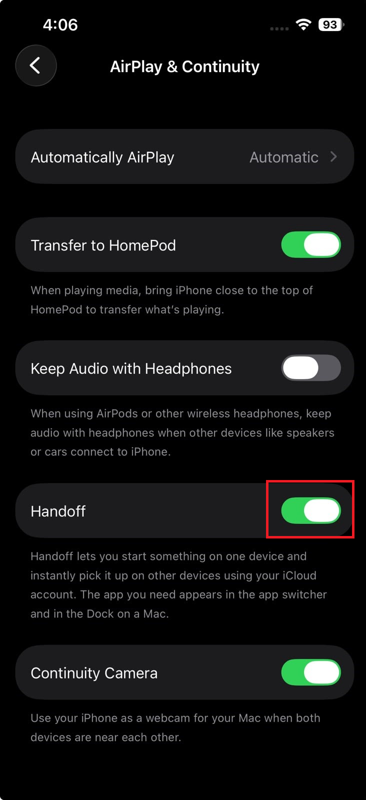 iPhone Settings open to General then AirPlay and Handoff with Handoff turned on.
