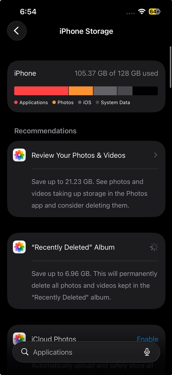 iPhone Software Update and iPhone Storage screens open while Apple Intelligence is stuck downloading.