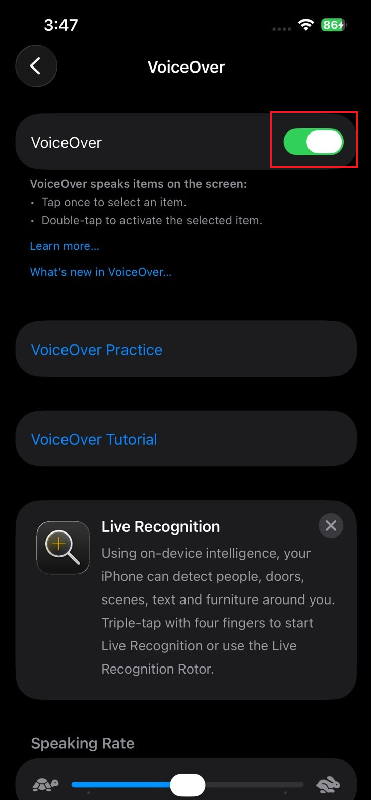 iPhone VoiceOver and Android TalkBack settings being enabled before returning to TikTok.