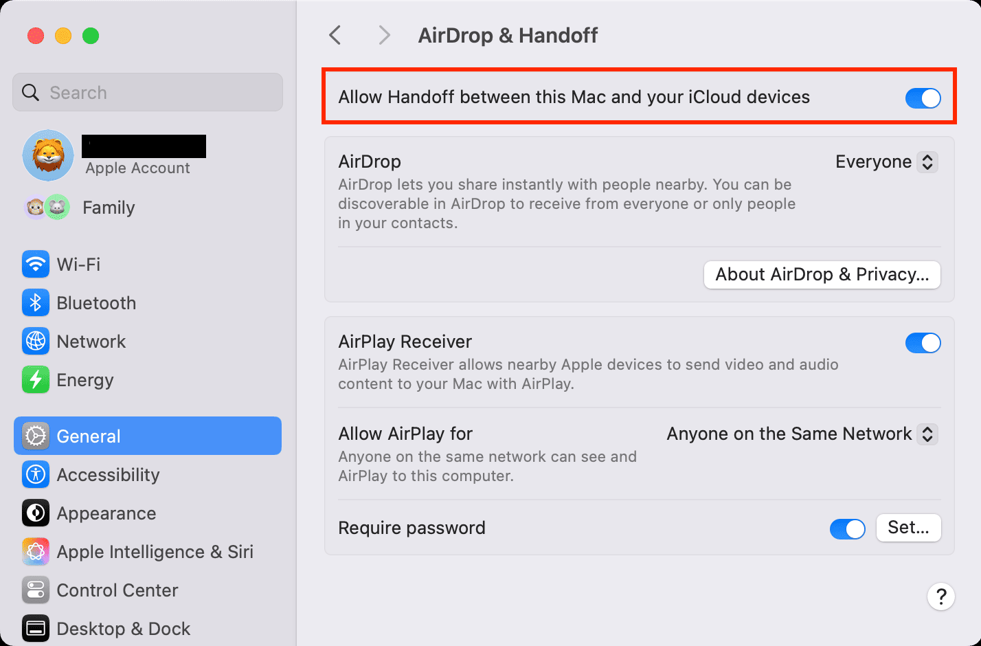 Mac System Settings open to General then AirDrop and Handoff with Allow Handoff enabled.
