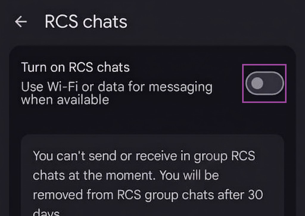 An older Android phone turning off RCS chats in Google Messages before moving the number to a new phone.