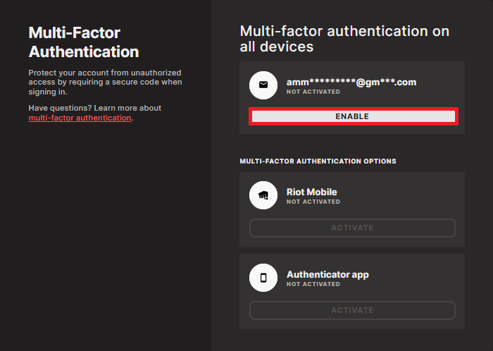 Riot account page showing the Multi-Factor Authentication card with the Enable or Resend control.