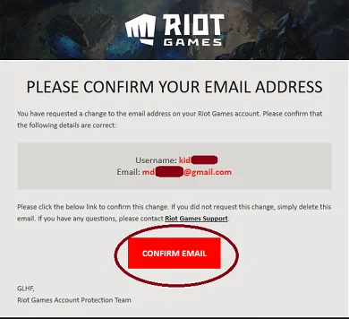 Riot verification email open in a mailbox with the confirm link ready to complete the account check.