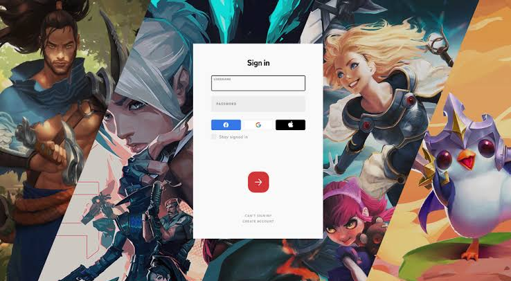 Riot sign-in page showing social sign-in options that can lead to the wrong account if the player picks a different login than usual.