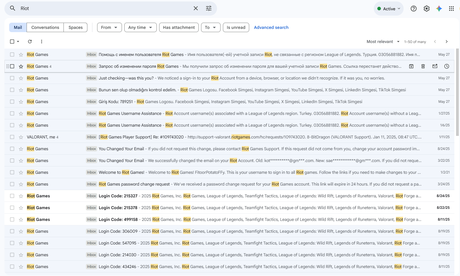 Email mailbox searching for Riot verification mail across Spam Junk and Promotions folders.