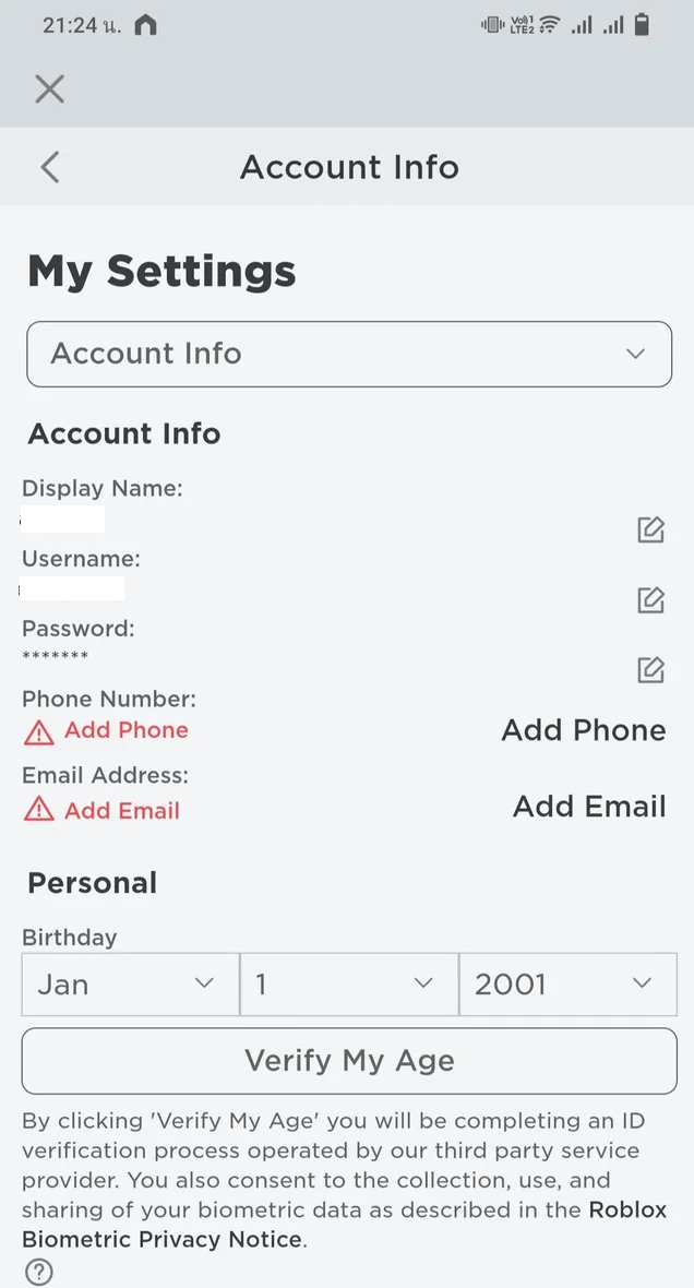 Roblox Account Info page checking which verified email address is attached to the account.