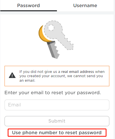 Roblox account recovery screen using Forgot Password or Username with the email or phone tab.
