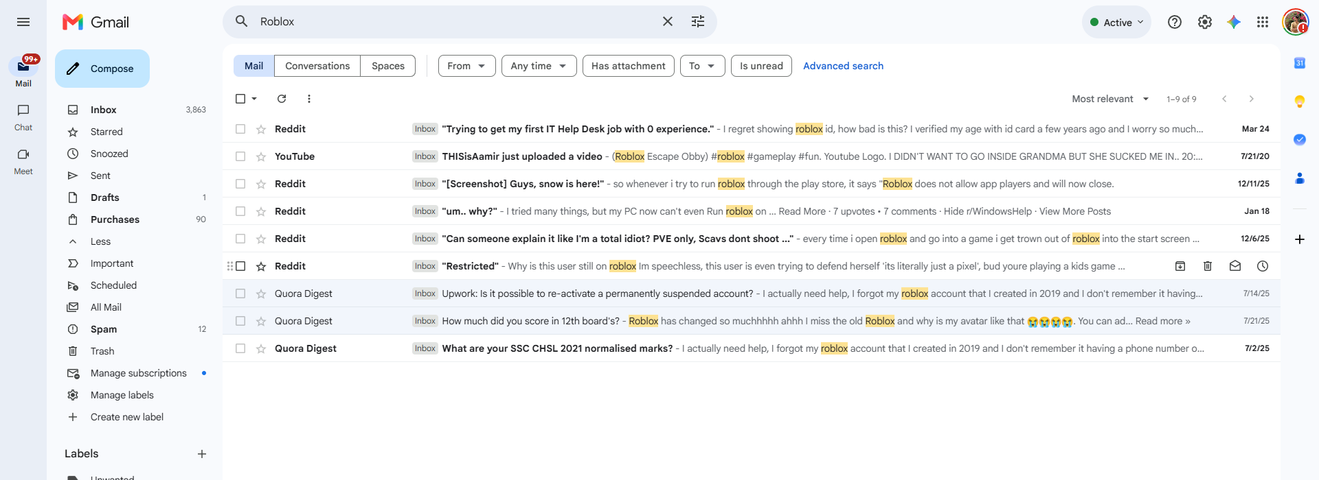 Email inbox searching for Roblox messages and checking Spam or Junk folders for a missing verification code.