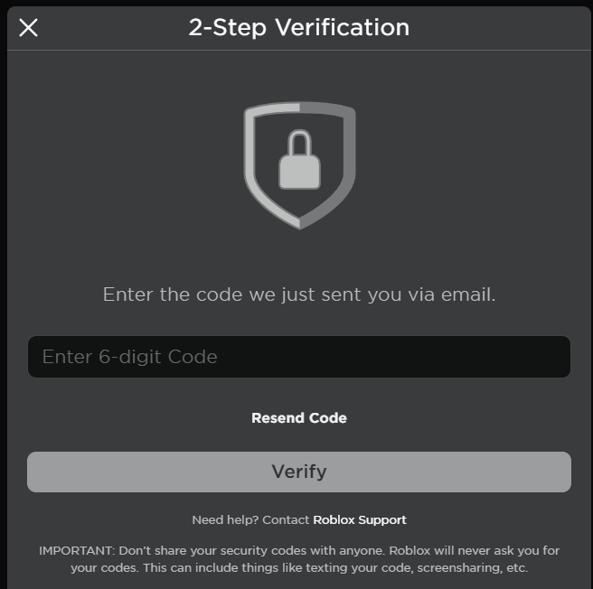 Roblox login screen waiting for a verification code email that never arrives.