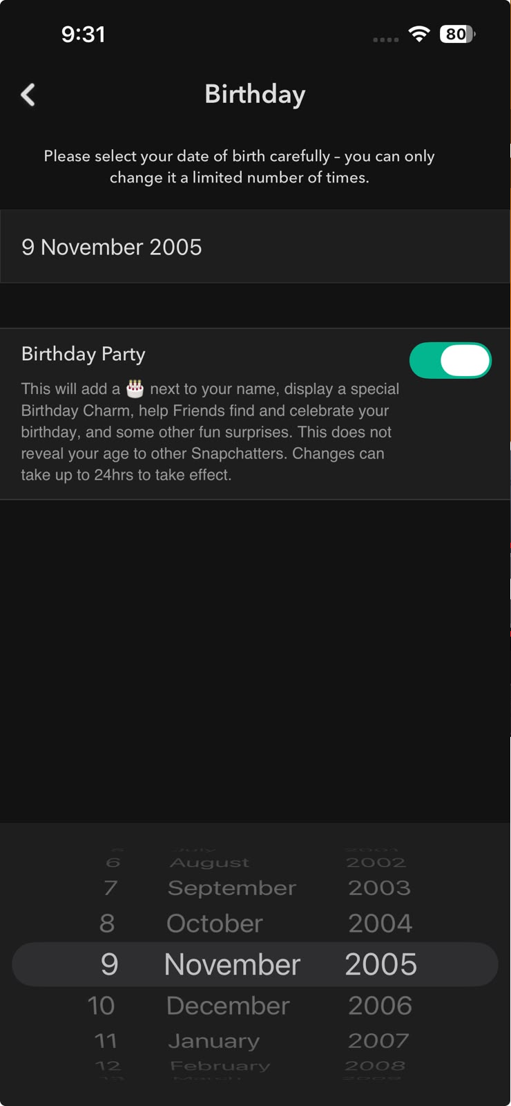 Snapchat settings screen showing the birthday field used to verify Public Profile eligibility.