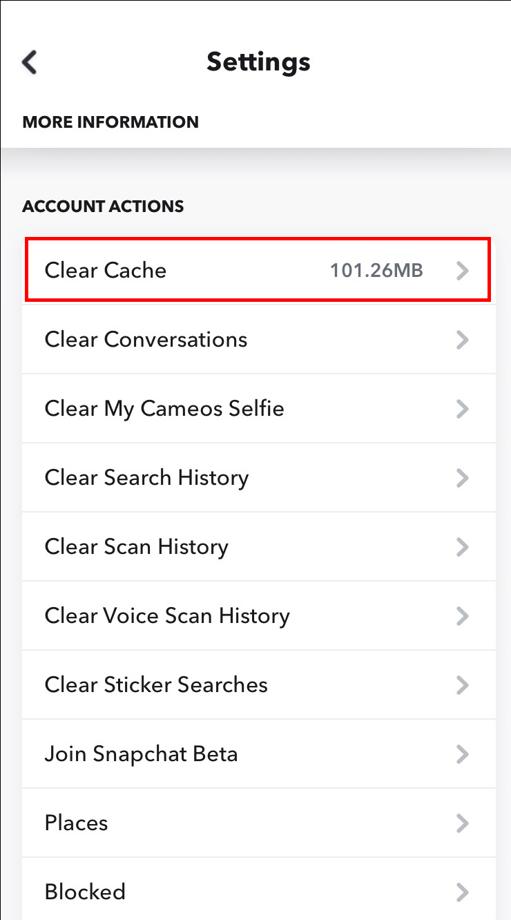 Snapchat settings showing Clear Cache and help options while Find Friends or Quick Add is missing.
