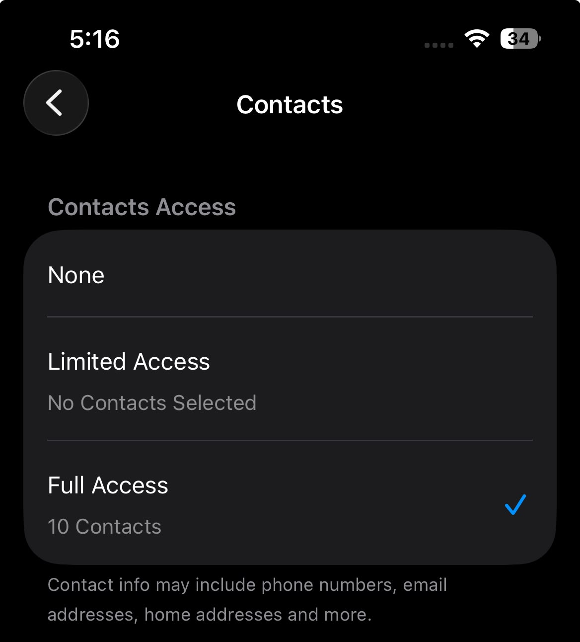 iPhone or Android app permissions screen showing Snapchat allowed to access contacts.
