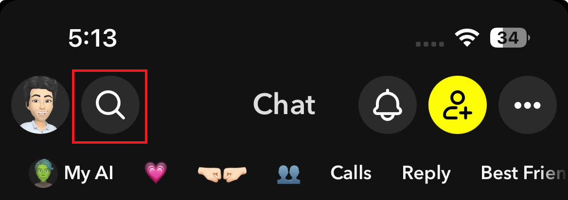 Snapchat showing Add Friends, Chat, and Search as the places where Find Friends suggestions can appear.