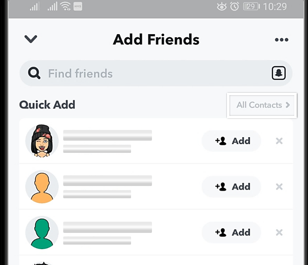 Snapchat Add Friends screen refreshing friend suggestions after contacts access was allowed.
