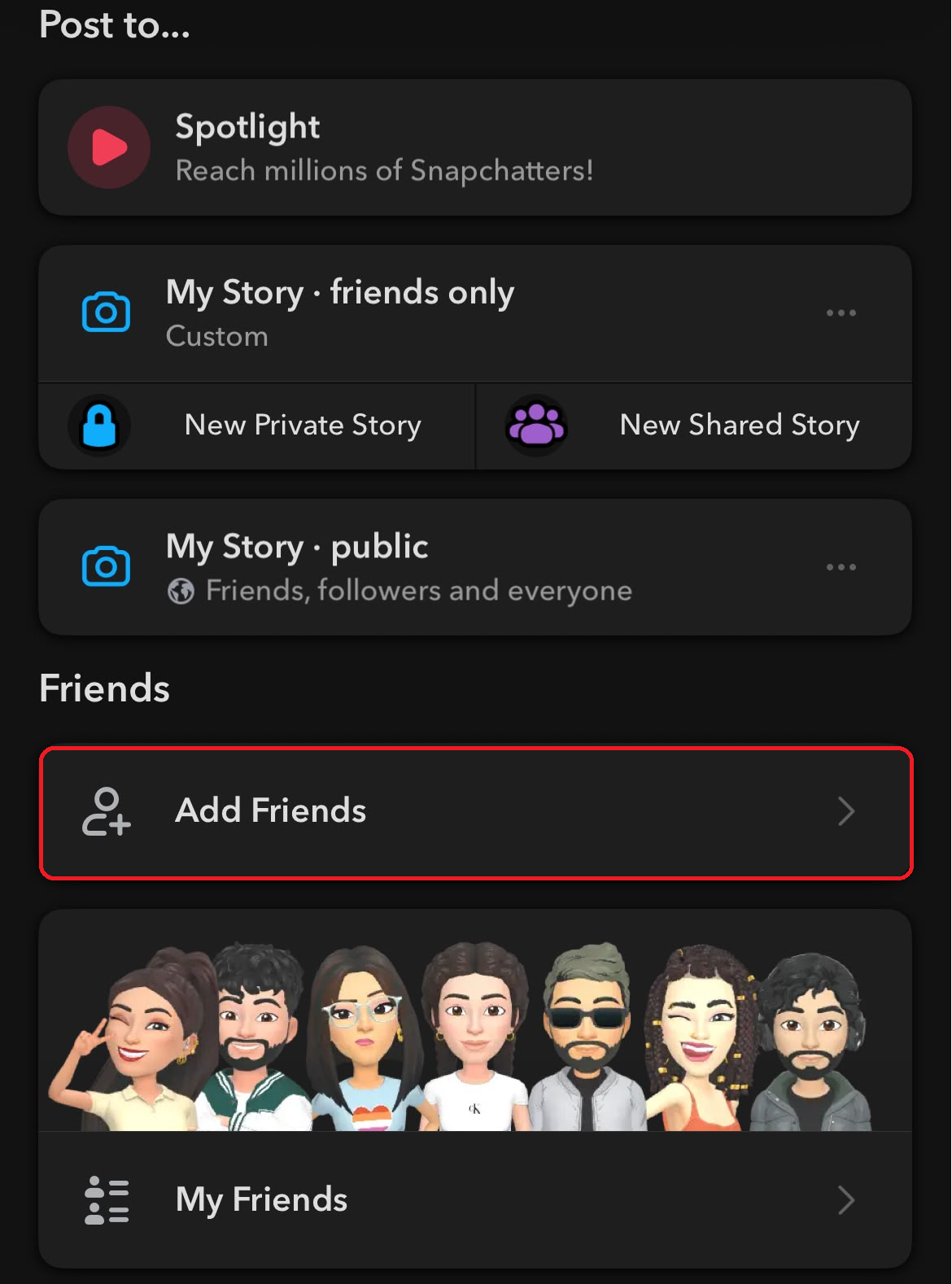 Snapchat profile or Add Friends screen showing Find Friends where users expected the old Quick Add label.