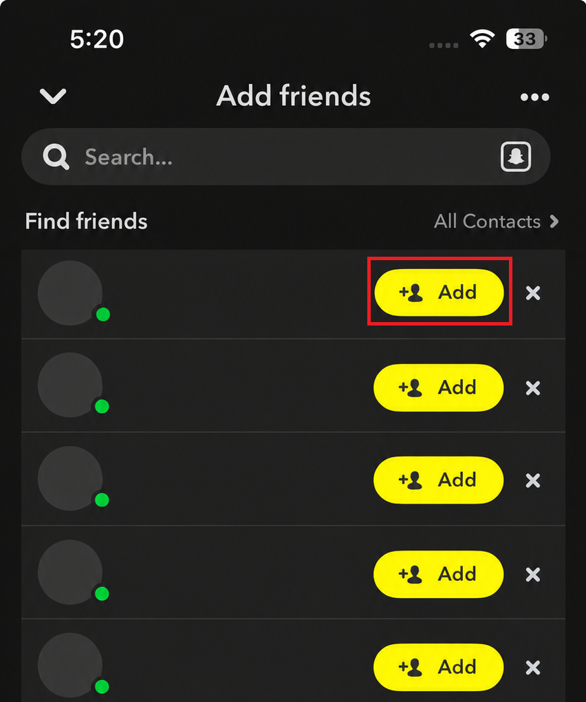 Snapchat new account showing very few Find Friends suggestions because the account has little history.