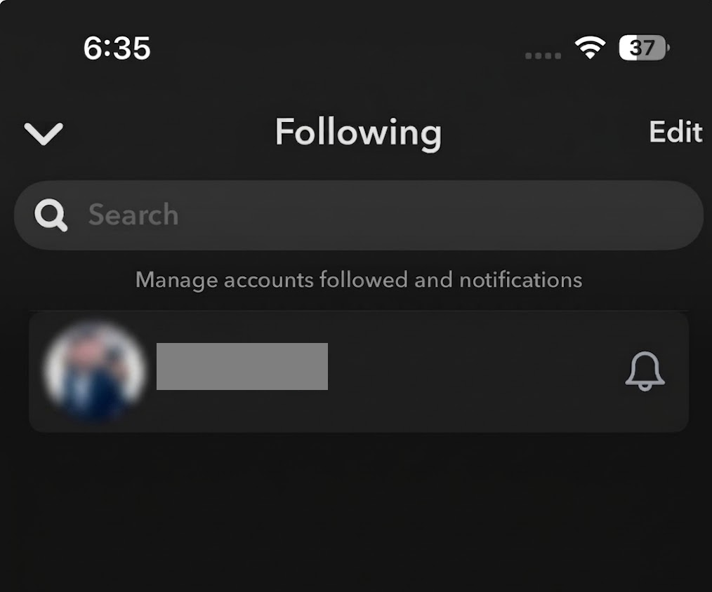 Snapchat Stories page showing the Following section where non-mutual followers see public Stories.