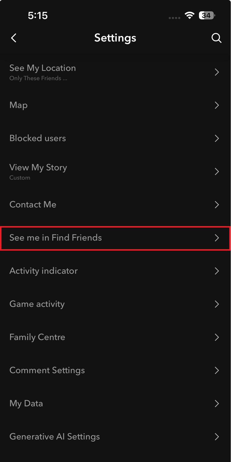 Snapchat settings screen showing the See Me in Find Friends toggle for account discoverability.