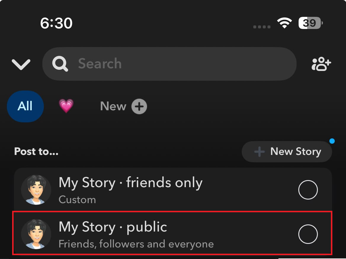 Snapchat Send To screen showing My Story Public as the posting destination.