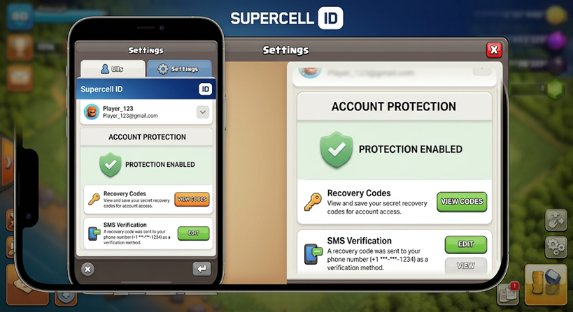 Supercell ID Account Protection settings showing SMS verification and Recovery Codes as recovery options.